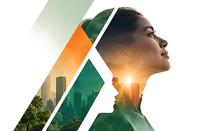 A woman looking ahead toward a sunlit city skyline, framed within the angled green and orange shapes of the AnnivaTech mark